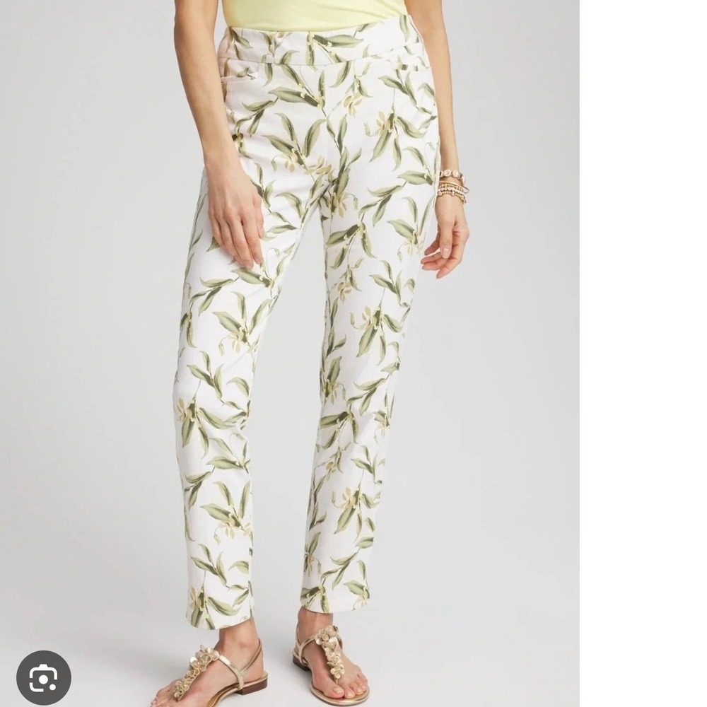 Chico's Ankle Pants White Green Botanical Leaf Print  Leg Womens Size 6